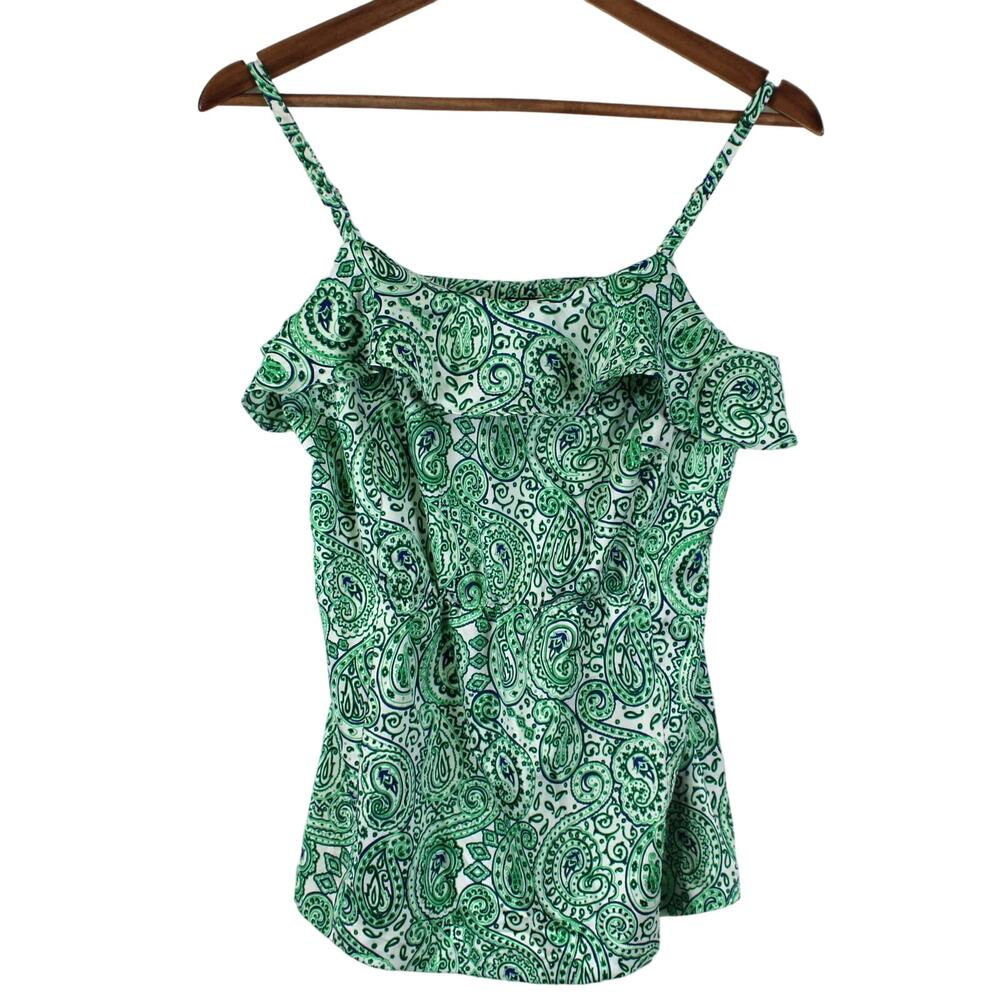 Tommy Hilfiger Womens S Paisley Ruffled Tank Top Green Blue Preppy Boho Feminine